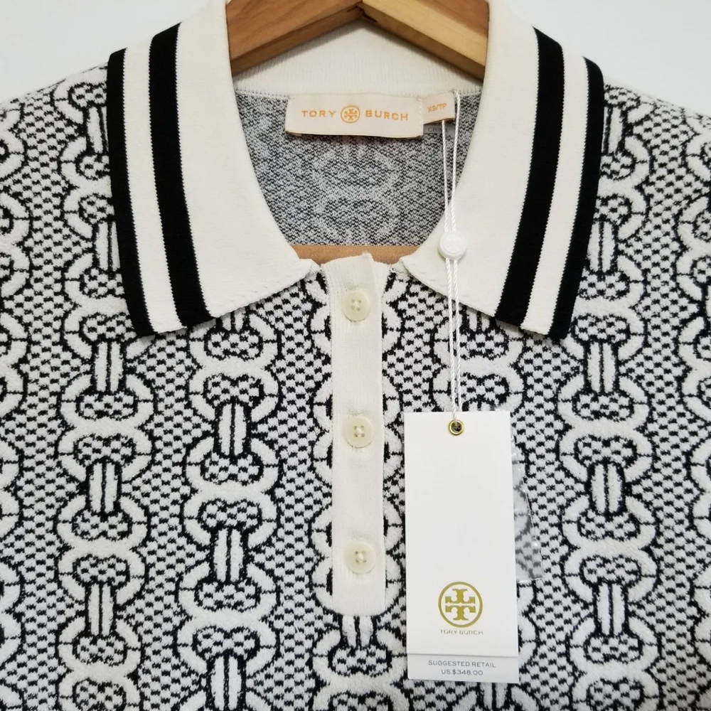 NWT Tory Burch Gemini Link Sweater Polo Shirt Top in New Ivory Black Size S $348